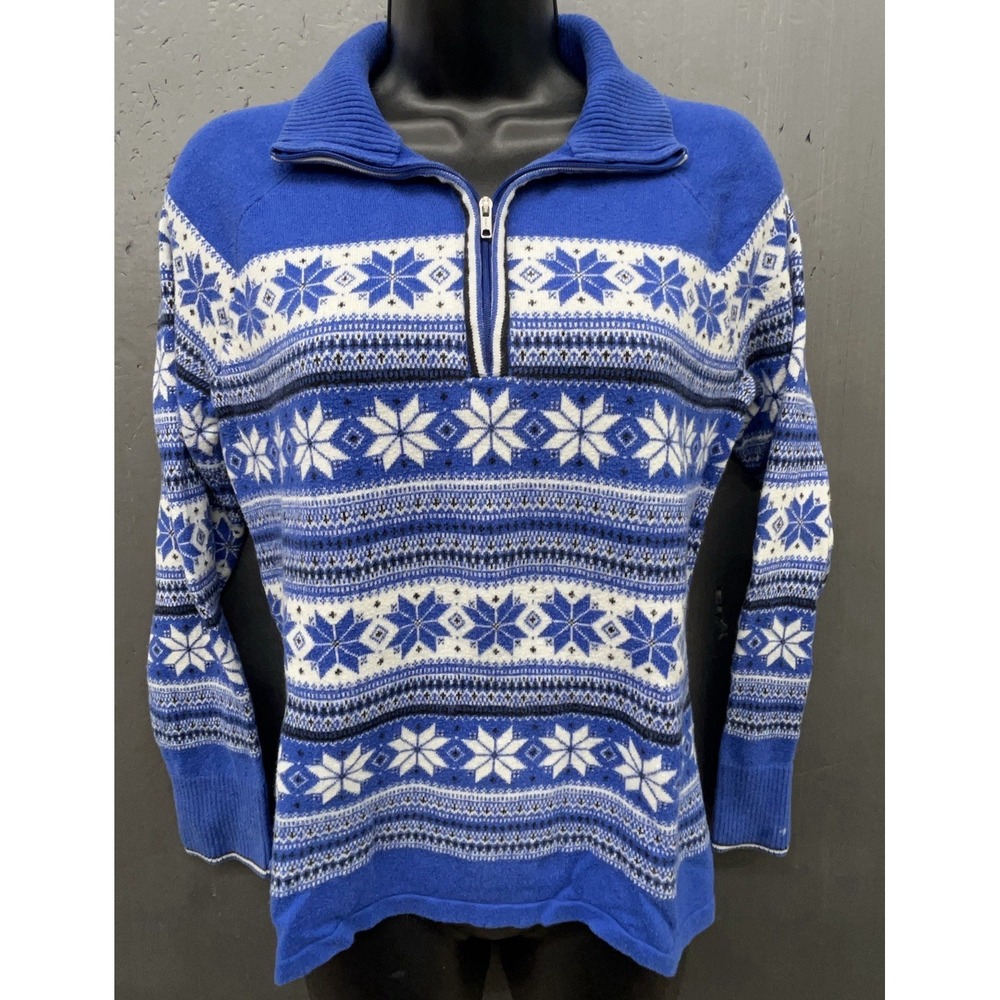 Talbots Sweater Med Petite Blue Snowflake Fair Isle 1/2 Zip Winter Holiday Prep